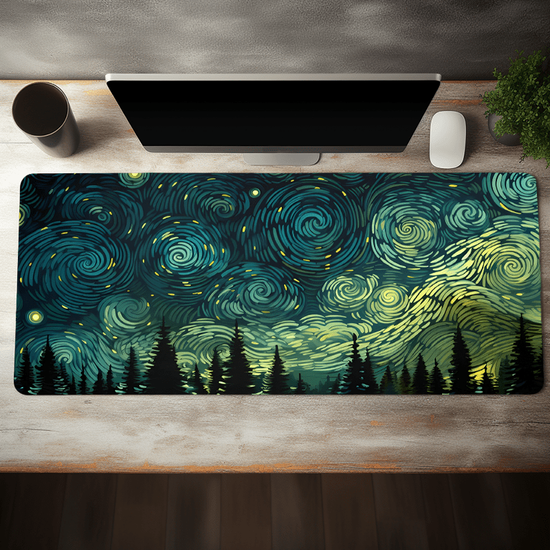 

Starry Night Forest Extended Gaming Mouse Pad - Large, Non-slip Rubber Base Desk Mat With Stitched Edges For Home Office And Gaming, 35.4x15.7 Inches