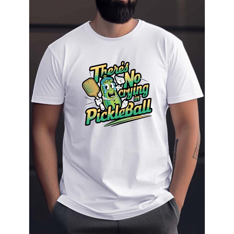 

Pickle Ball Humor Print Men's Short Sleeve T-shirts, Comfy Casual Elastic Crew Neck Tops For Men's Outdoor Activities