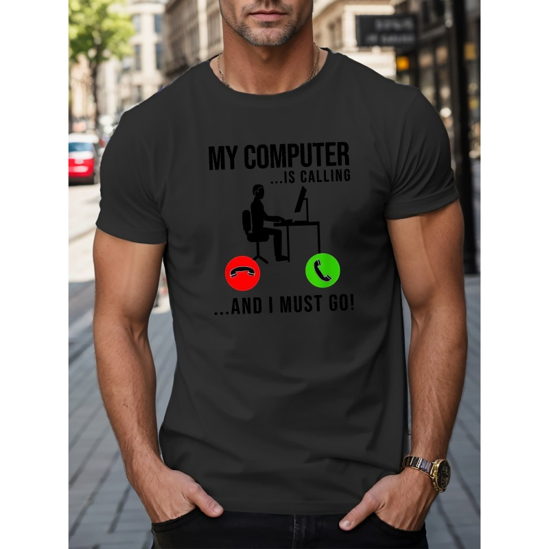 

Men's 'my Computer Is Calling' Graphic Tee - Casual Short Sleeve T-shirt, Breathable Polyester, Machine Washable - Summer