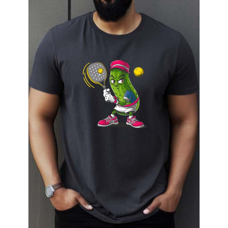 

Pickle Tennis Player Print Men's Short Sleeve T-shirts, Comfy Casual Elastic Crew Neck Tops For Men's Outdoor Activities
