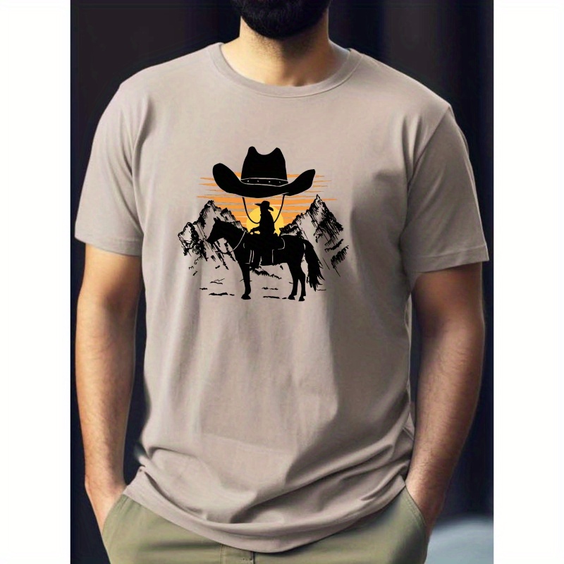 

Men's Casual Cowboy Silhouette T-shirt - Breathable Polyester, Round Neck, Short Sleeve - Summer, Cowboy, Silhouette, Wrinkle, Mens T-shirt