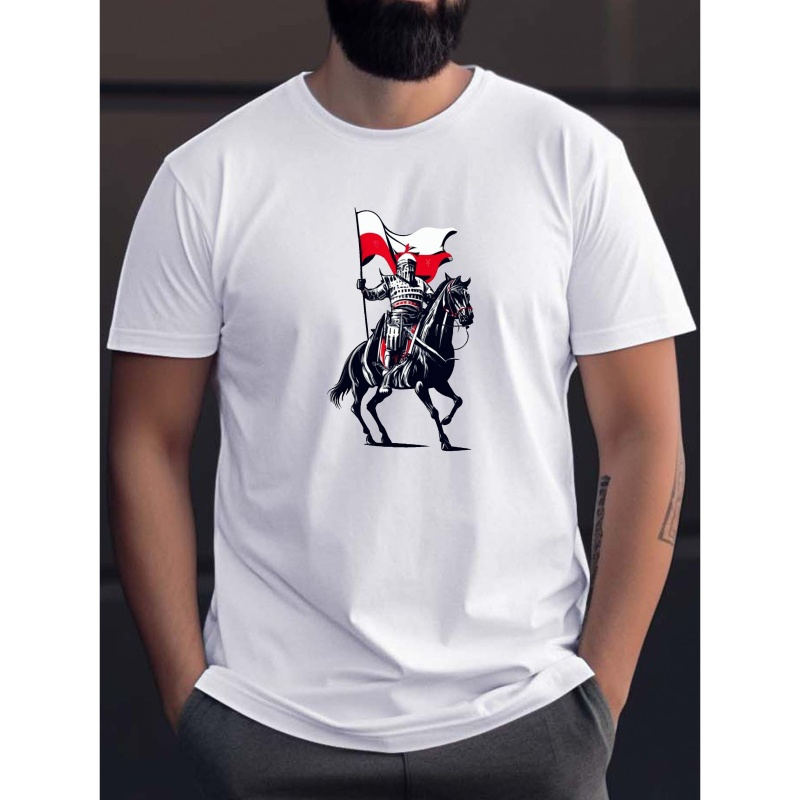 

Polish Hussaria Knight Charge Print Men's Short Sleeve T-shirts, Comfy Casual Elastic Crew Neck Tops For Men's Outdoor Activities