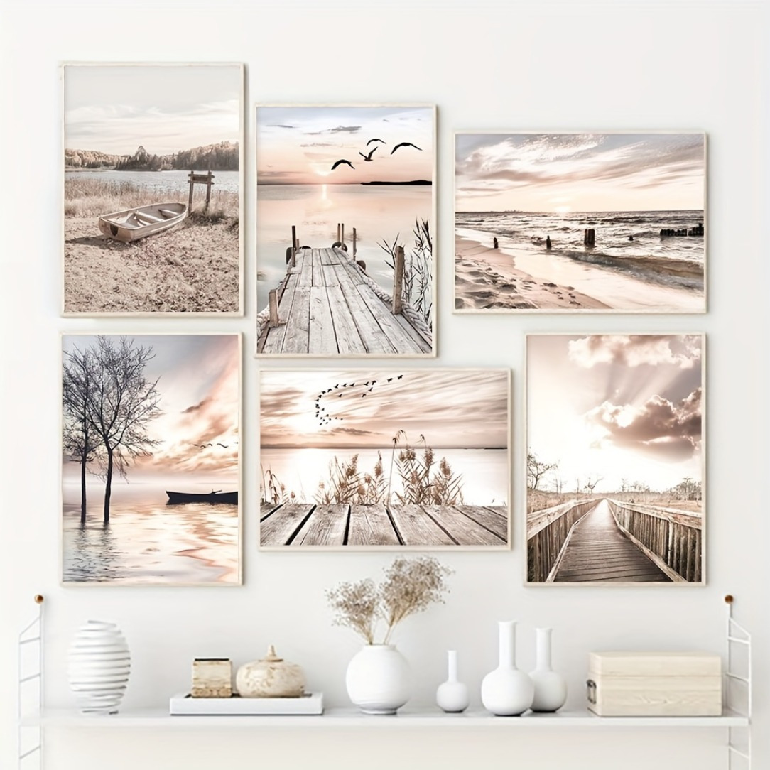 

6pcs Frameless Nordic Sea Landscape Wall Art Natural Scene Painting For Living Room Decor For Home Decor Livingroom Decor Bedroom Decor 8*10inches