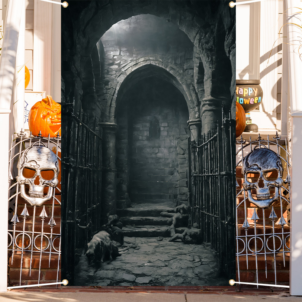 

1pc, Halloween Banner Polyester, Underground Stone Prison Photography Backdrop, Halloween Night Spooky Party Photo Booth Supplies, Indoor And Outdoor Decoration, 4 Corners Drilled For Easy Hanging