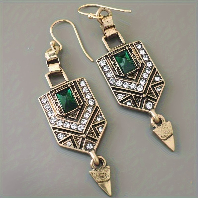 

Vintage Geometric Shape Shiny Synthetic Gems Inlaid Dangle Earrings Retro Bohemian Style Tourism Souvenir Party Decor