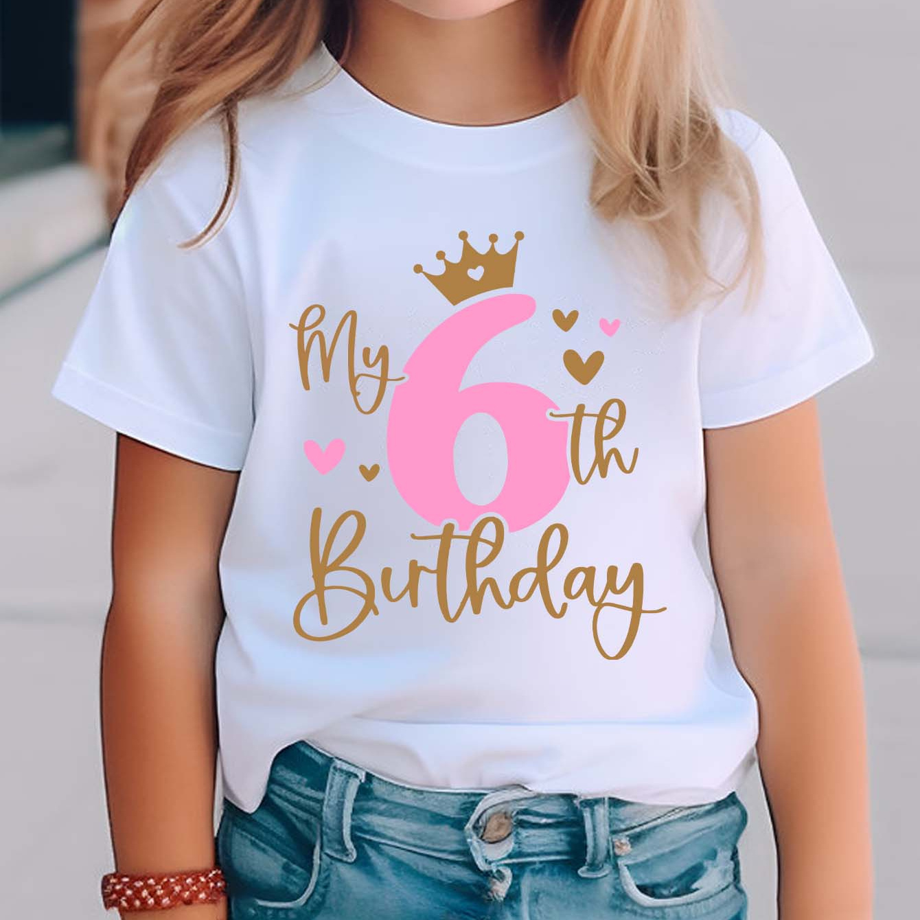 

Graffiti My 6th Birthday & Crown Graphic Print Tee, Girls' Casual & Comfy Crew Neck Short Sleeve Cotton T-shirt For Spring & Summer, Girls' Clothes For Outdoor Activities
