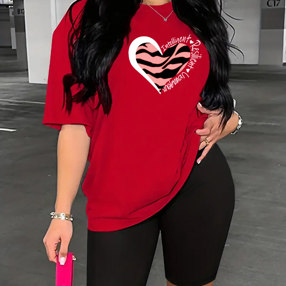 

Leopard & Heart Print 2 Piece Set, Short Sleeve T-shirt & Short Leggings, Women's Clothing