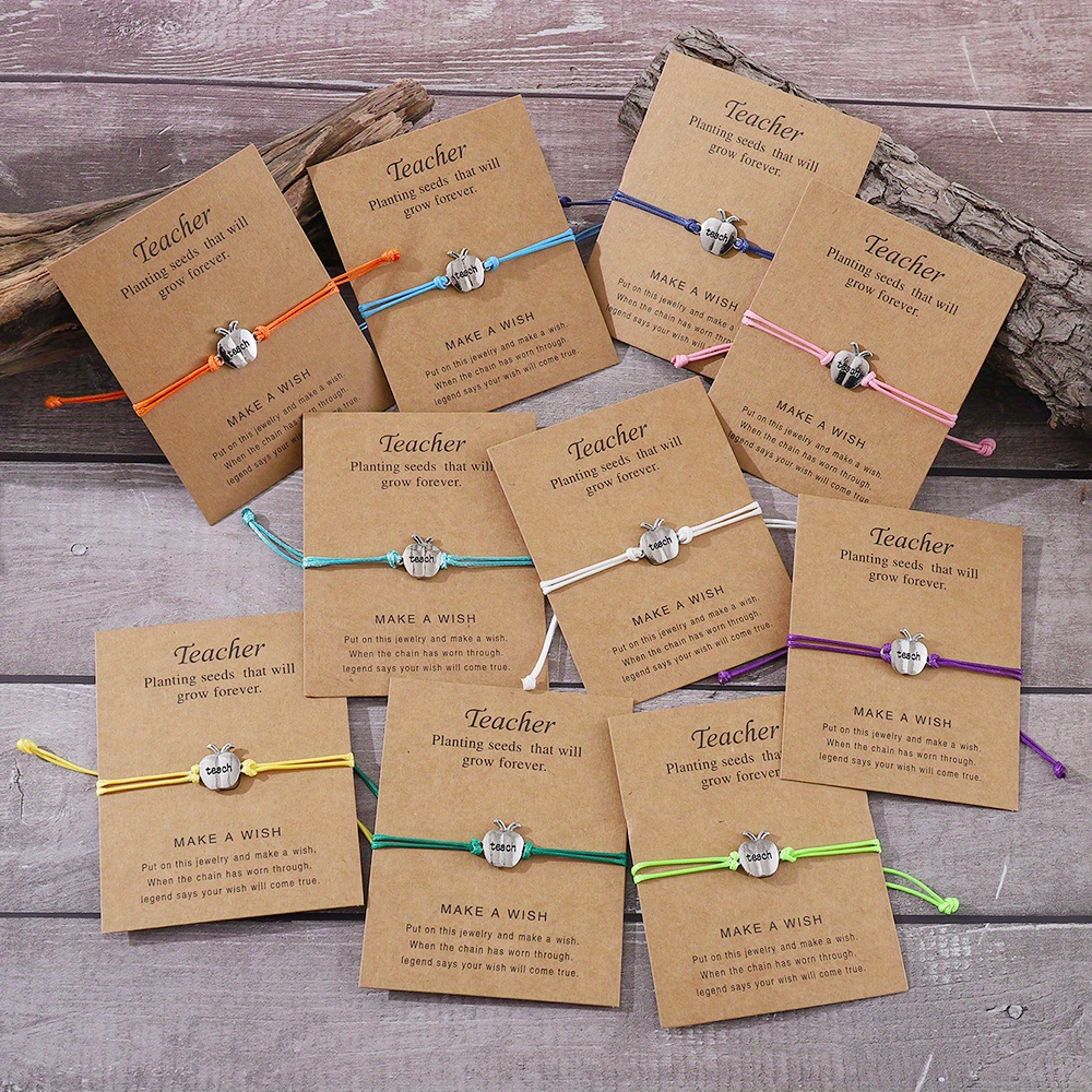 

10pcs Adjustable Teacher Appreciation Bracelets With Pendant, Colorful Woven, Rustic Style, Teacher Blessing Cards, Back To School, Graduation Season Gift