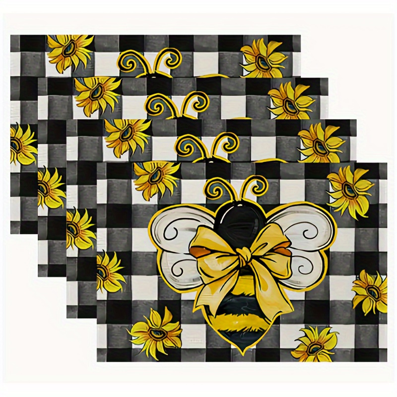 

Bumble Bee And Buffalo Plaid Check Decorative Placemats, Polyester Rectangle Table Mats For Kitchen Dining Decor, Hand Washable Woven Place Mats, Set Of 1/4 - Spring Summer Fall Seasonal Decoration