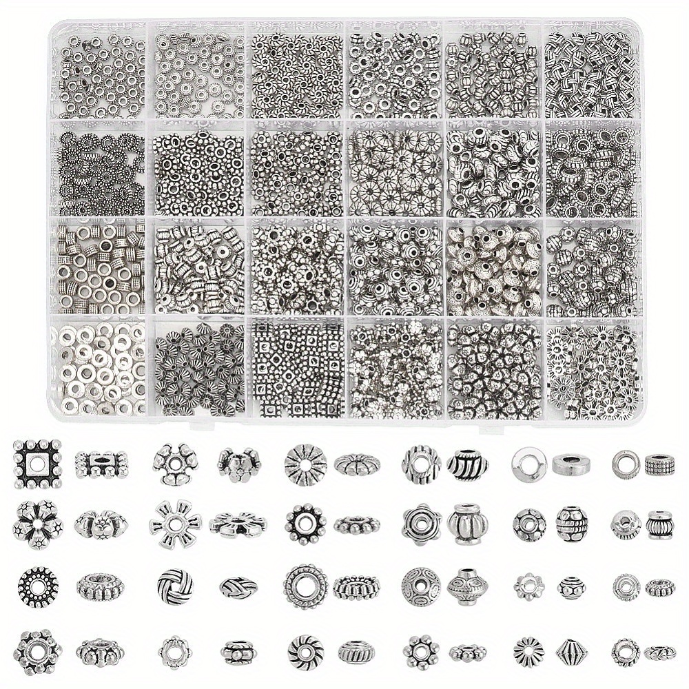 

1box 1200pcs 24 Styles Alloy Spacers Beads, Multiple Shaped Antique Silvery Jewelry Accessories