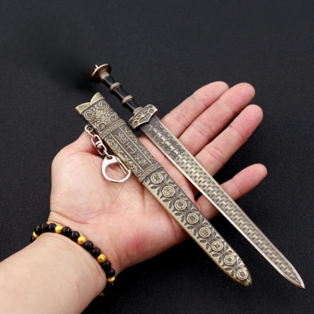 

Authentic Chinese Ancient Sword Replica - 22.5cm Zinc Alloy Keychain With Full Metal Sheath, Perfect For Collectors & Decor