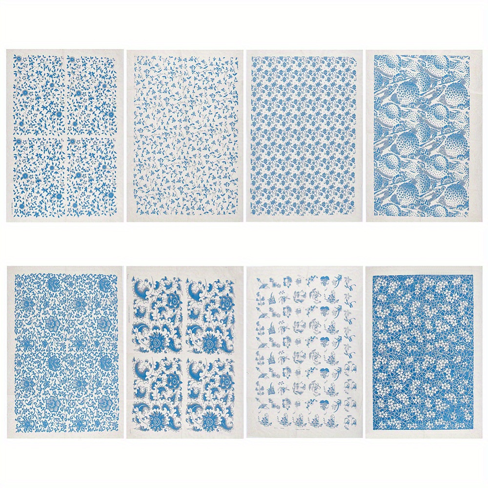 

8 Sheets Blue And White Porcelain Pattern Transfer Paper For Ceramic Decals, 15x21" Pottery Clay Underglaze Flower Decals For Crafts & Sewing Storage