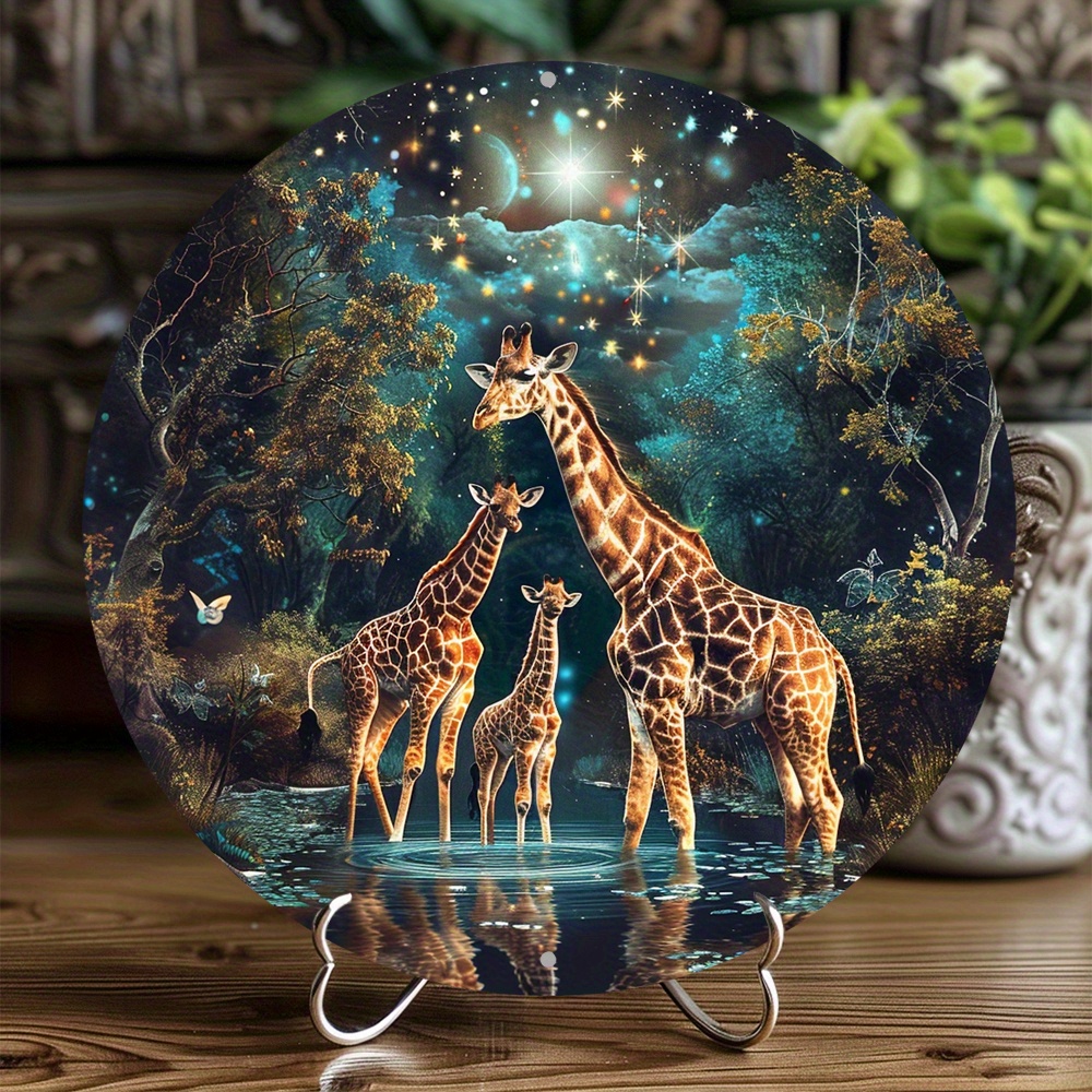 

1pc, 2d Flat Print, Giraffe Themed Wreath Sign (8x8 Inch), Round Aluminum Metal Faux Resin Painting Decor Sign, For Home, Cafe, Apartmen, Restaurant, Living Room Wall Decoration, Holiday Gift