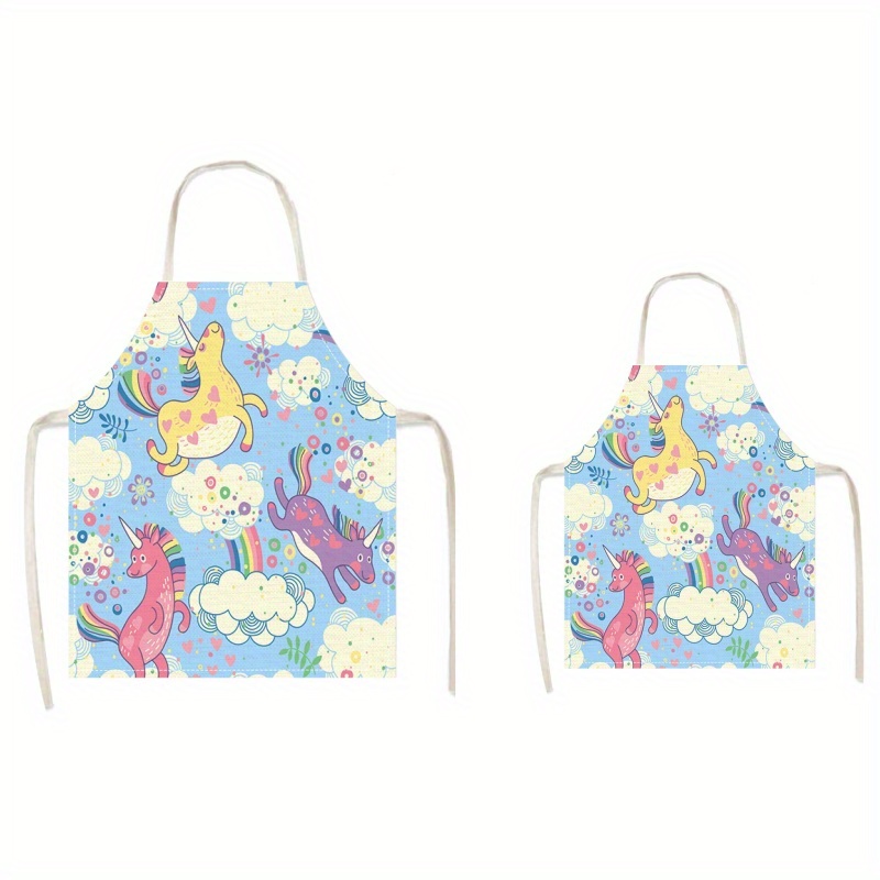 

2pc Linen Unicorn Print Kitchen Aprons - Artist, Chef, Baker, Cooking, Aprons - Linen Material, Woven Fabric