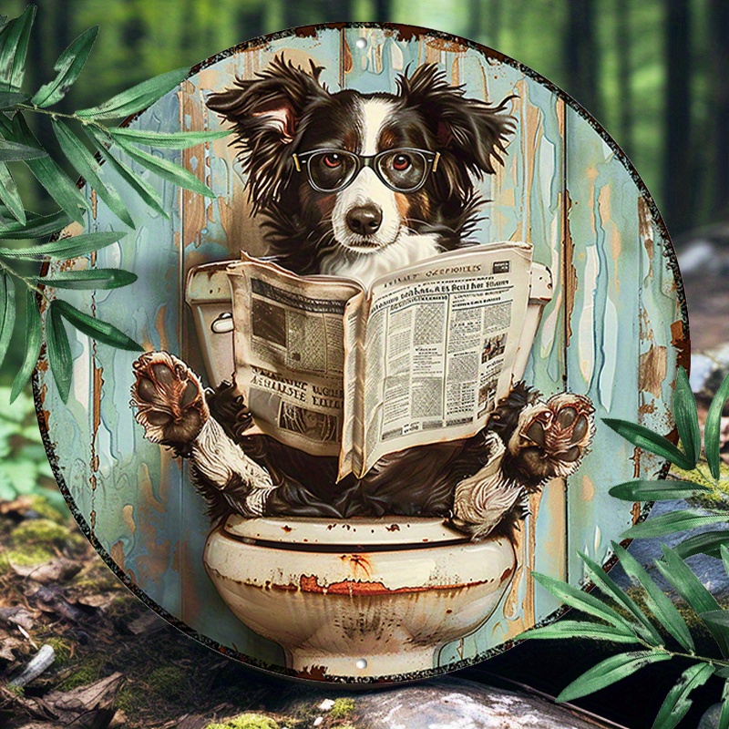 

versatile Display" Border Collie Newspaper Bathroom Humor - 8x8" Round Aluminum Sign | Durable & Uv Protected For Indoor/outdoor Decor