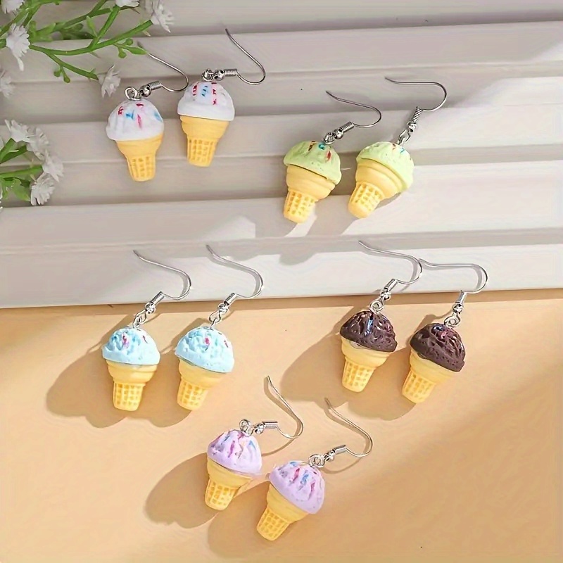 

5 Pairs Miniature Ice Cream Dangle Earrings, Cute Cartoon Style Cool Party Jewelry, Spring Summer Decor For Female, Simple And Cute Stuff