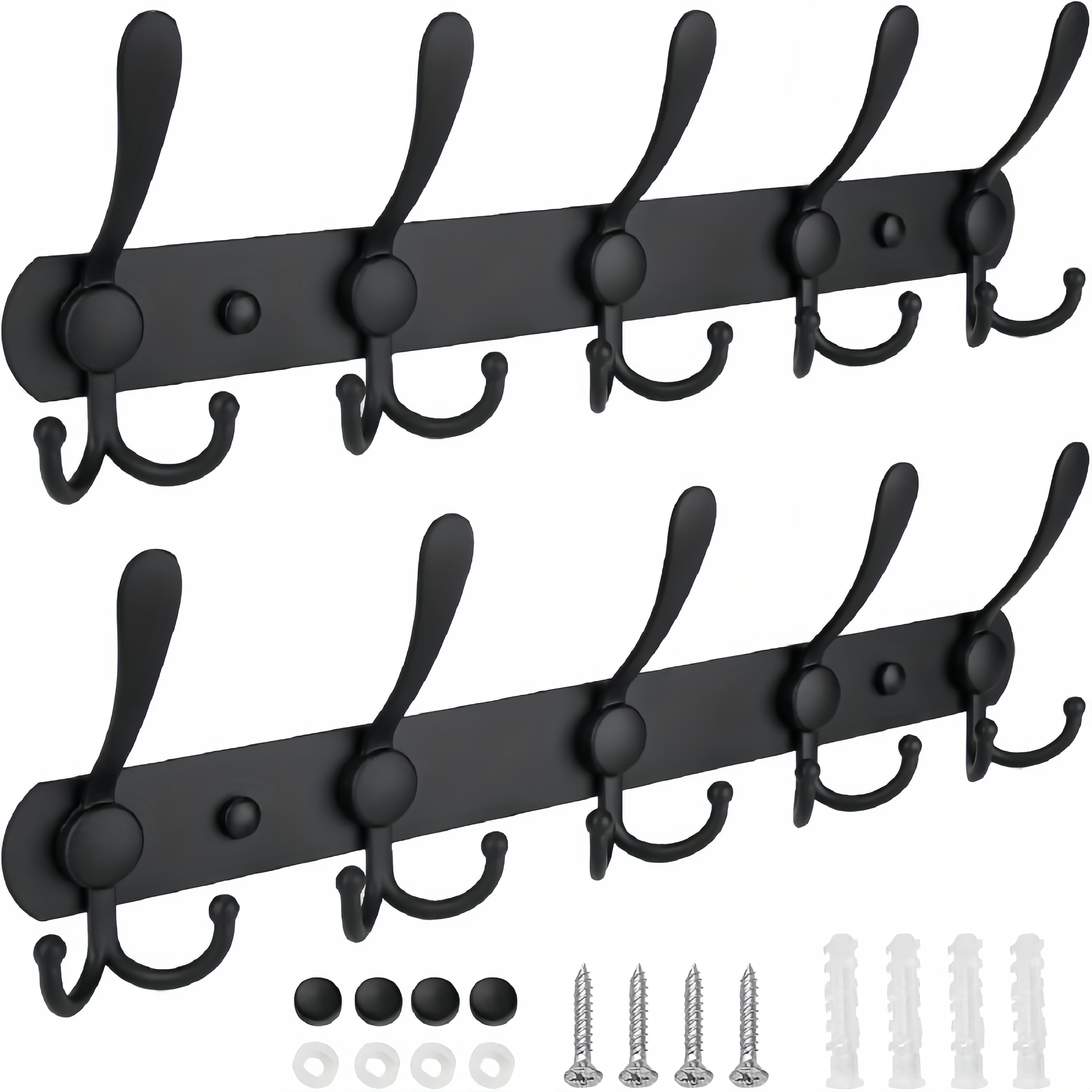 

2pcs/set Heavy Duty Wall Mounted Coat Rack With 5 Triple Hooks - Easy Installation, Contemporary Metal Design, Perfect For Coats, Hats, Towels, Bags, Robes - Black