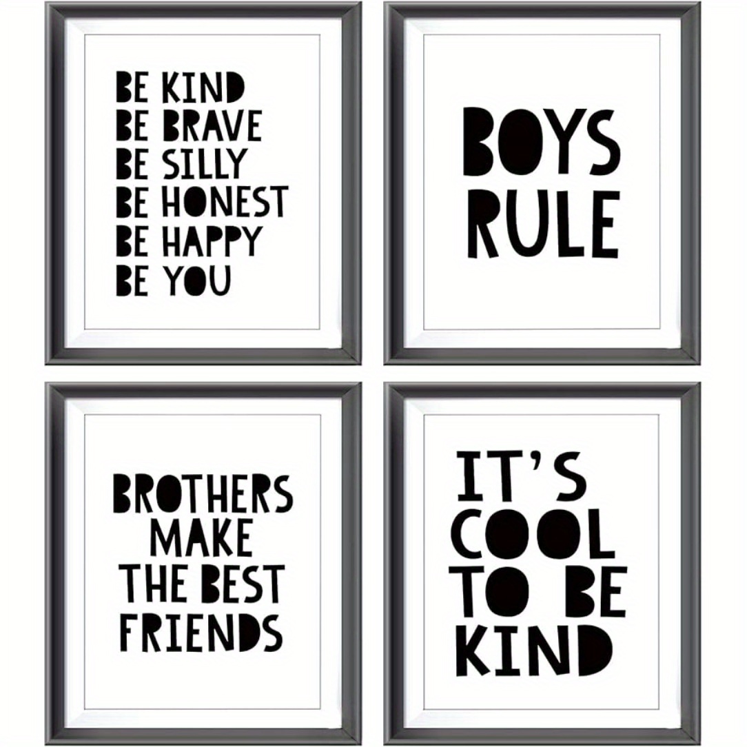 

4-piece Set Of Frameless 'brothers Make The Best Friends' & 'boys Rules' Affirmation Posters - Boho Black Wall Art For Boys Room, Playroom, Nursery, Classroom Decor, 8x10 Inches