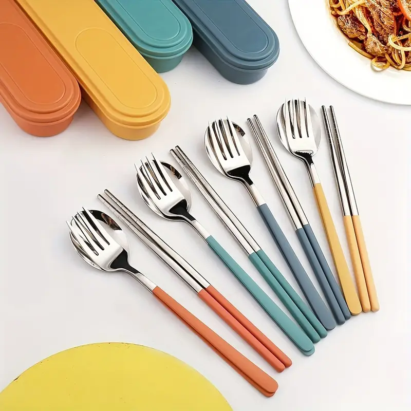4pcs/ set travel utensils, stainless steel cutlery set portable reusable camping silverware, chopsticks with case, flatware set, cutlery Product details 3