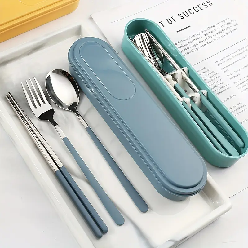 4pcs/ set travel utensils, stainless steel cutlery set portable reusable camping silverware, chopsticks with case, flatware set, cutlery Product details 2