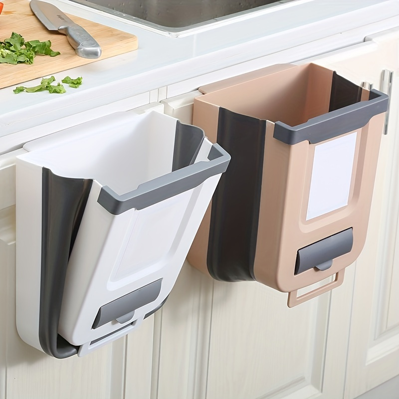 

space-saving" Compact Foldable Trash Can - Perfect For Kitchen & Bathroom Cabinets, Easy Hang Design, Durable Plastic, Rectangular Shape