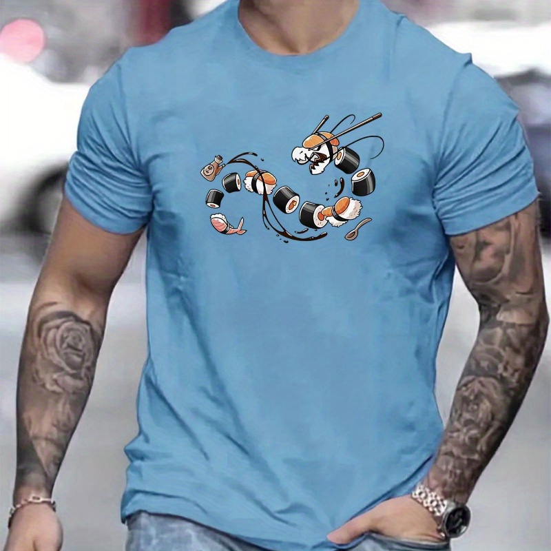 

Men's Fashionable Short Sleeves, Workout Style, Stylish T-shirts With Dragon Sushi Print, Crew Neck Tops For Summer& Spring