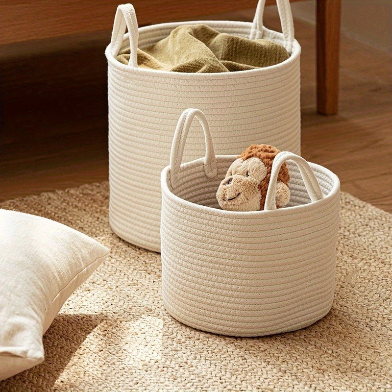 Handmade Cotton Rope Storage Basket - Multifunctional, Stackable Organizer for Snacks, Toys, Clothes & More - Classic Nordic Style Woven Storage Basket Wicker Storage Basket