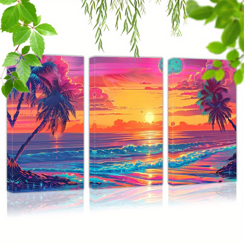 

Framed Set Of 3 Canvas Wall Art Ready To Hang A Colorful Beach Sunset With Palm Trees (3) Wall Art Prints Poster Wall Picrtures Decor For Home