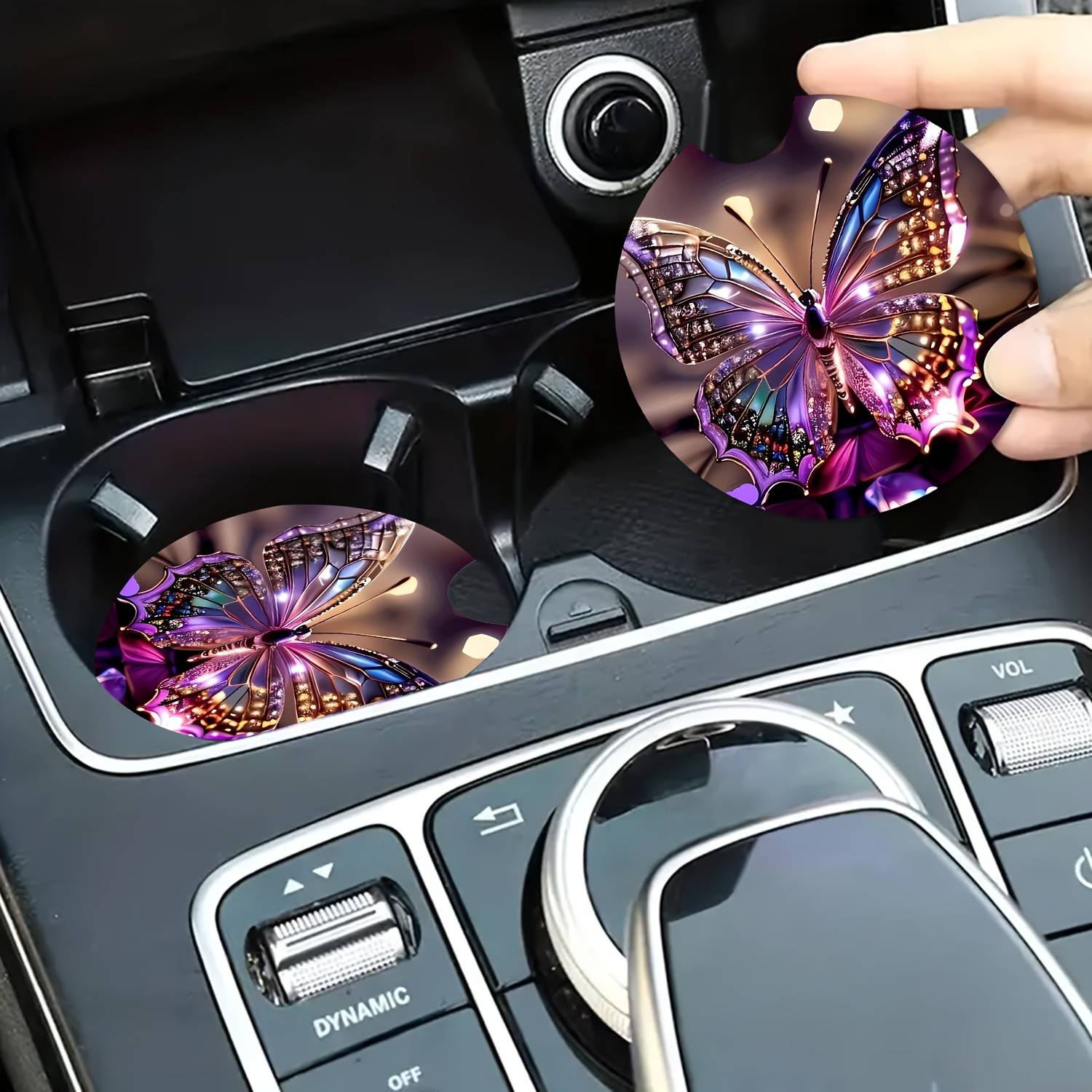 

2pcs Butterfly Glass Car Cup Holder Coasters - Anti-slip, Rubber With Finger For Easy Removal - Stylish Auto Interior Accessories