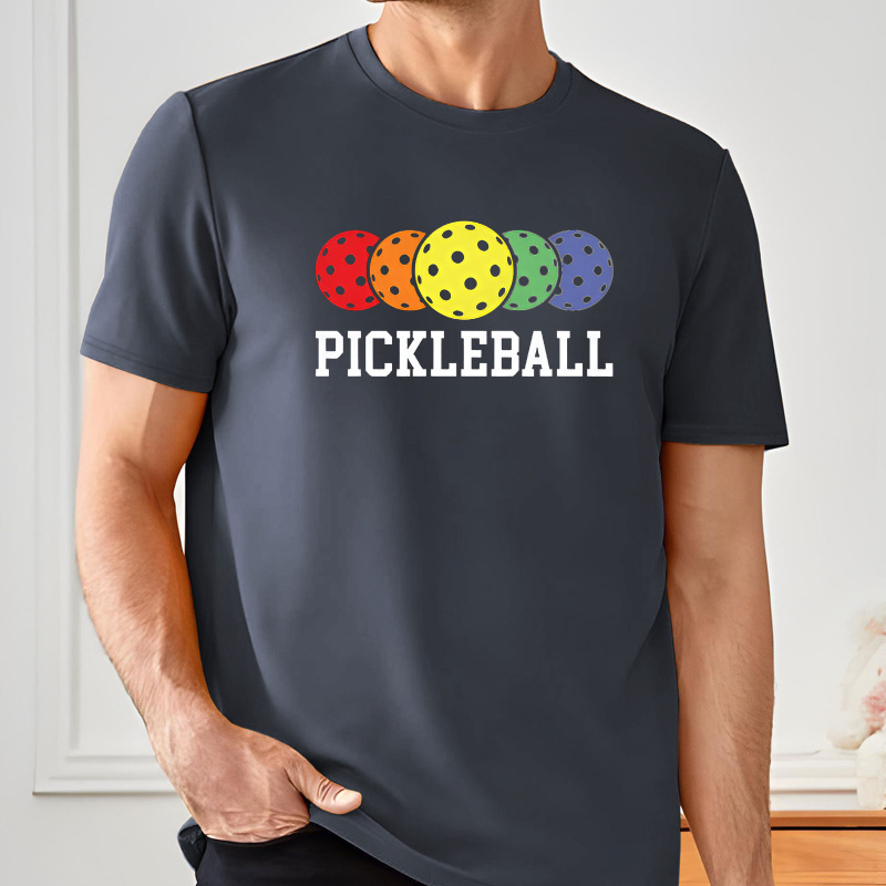 

Pickleball Print, Men's Round Crew Neck Short Sleeve, Simple Style Tee Fashion Regular Fit T-shirt, Casual Comfy Breathable Top For Spring Summer Holiday Leisure Vacation Men's Clothing As Gift