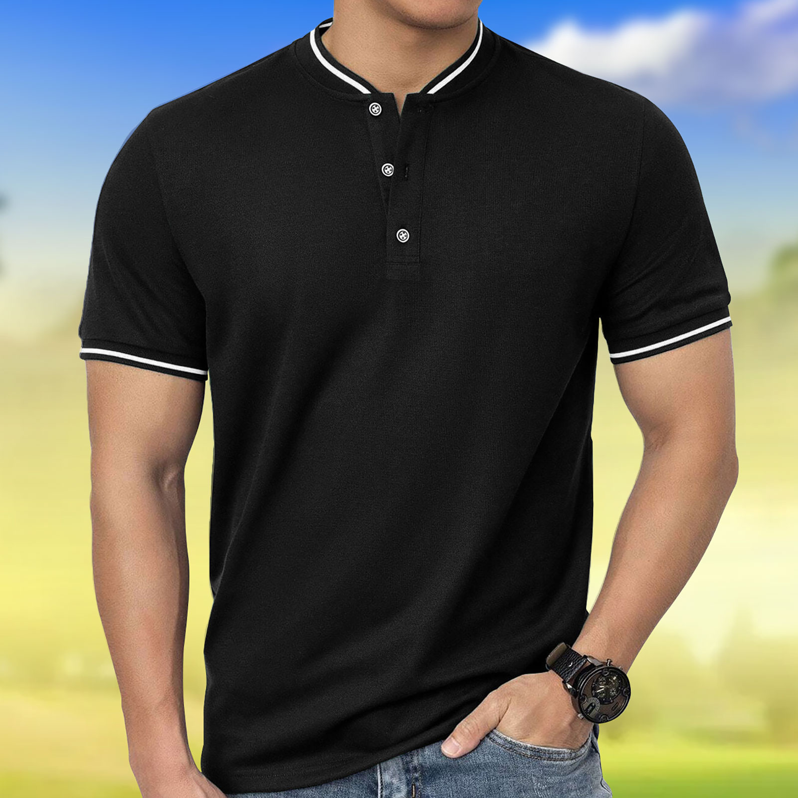 

Solid Men's Short Sleeve Golf Shirt, Business Casual Comfy Top For Tennis Training
