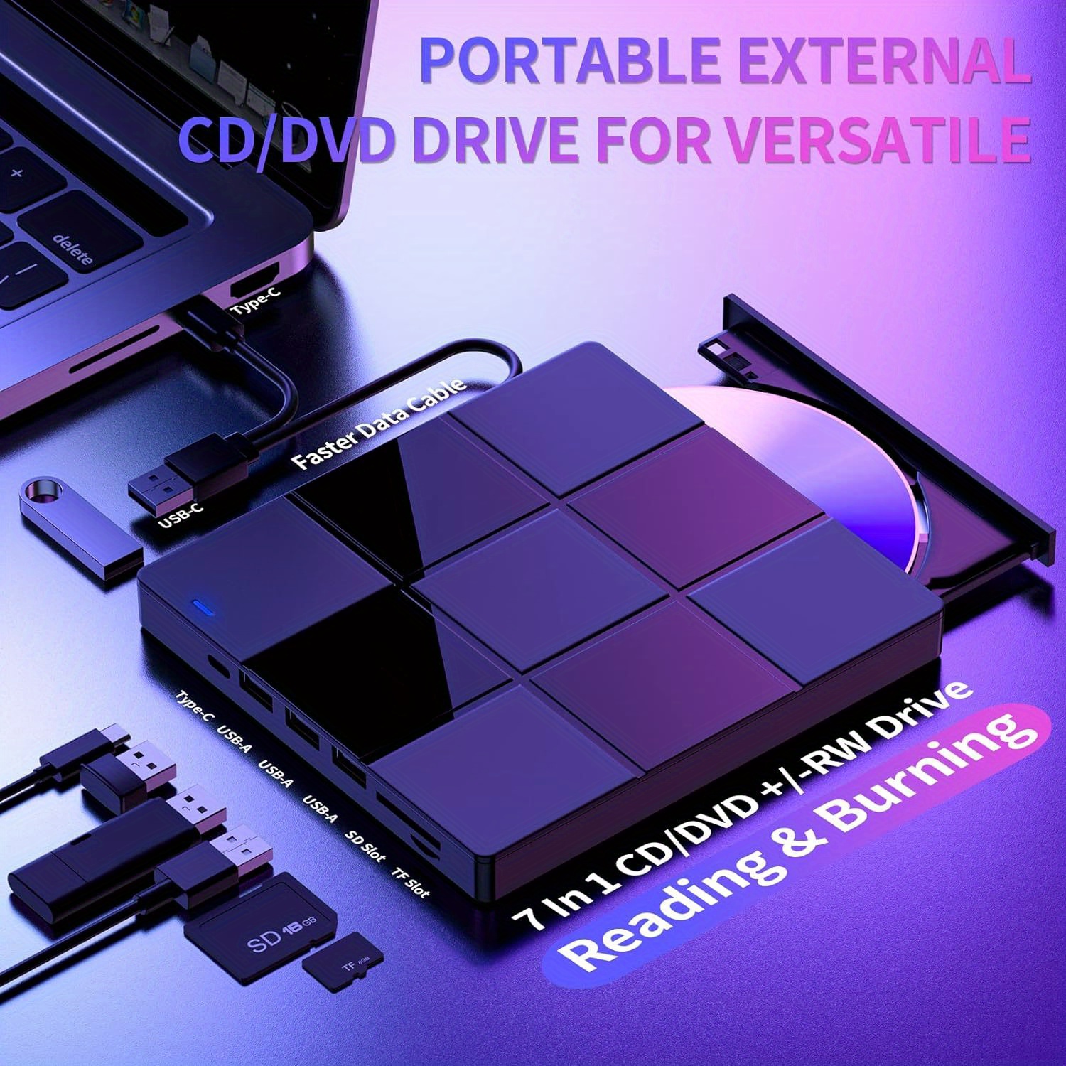 

External Cd/dvd Drive For Laptop 7 In 1 Usb Ultra-slim Portable Cd/dvd Player Burner Cd Rom External Dvd Drive For Laptop Compatible With Laptop Desktop Pc Windows 11/10/8/7 Linux Os (black)