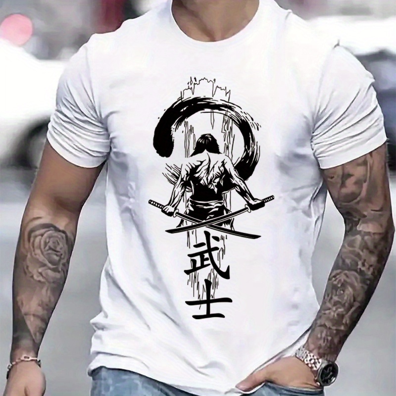 

T-shirts à manches courtes pour hommes Samurai Print, hauts confortables et décontractés à col rond élastique pour les activités de plein air