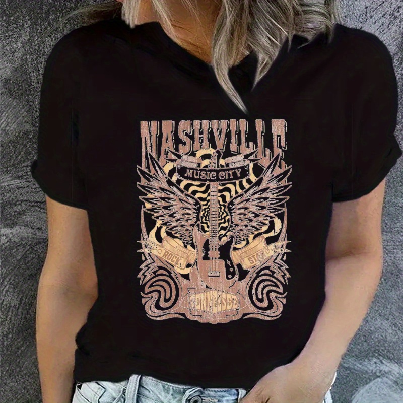 

Women's Fashion Casual Short Sleeve T-shirt, Nashville Music City Graphic, Relaxed Fit, Round Neck, Soft Tee, Versatile Top For Everyday Wear