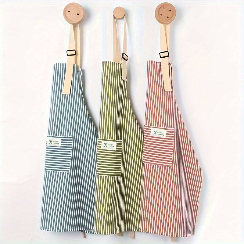 

Stylish & Durable Linen-cotton Blend Kitchen Apron - Adjustable, Unisex Design With Dual Storage Pockets & Striped Pattern For Cooking And Cleaning