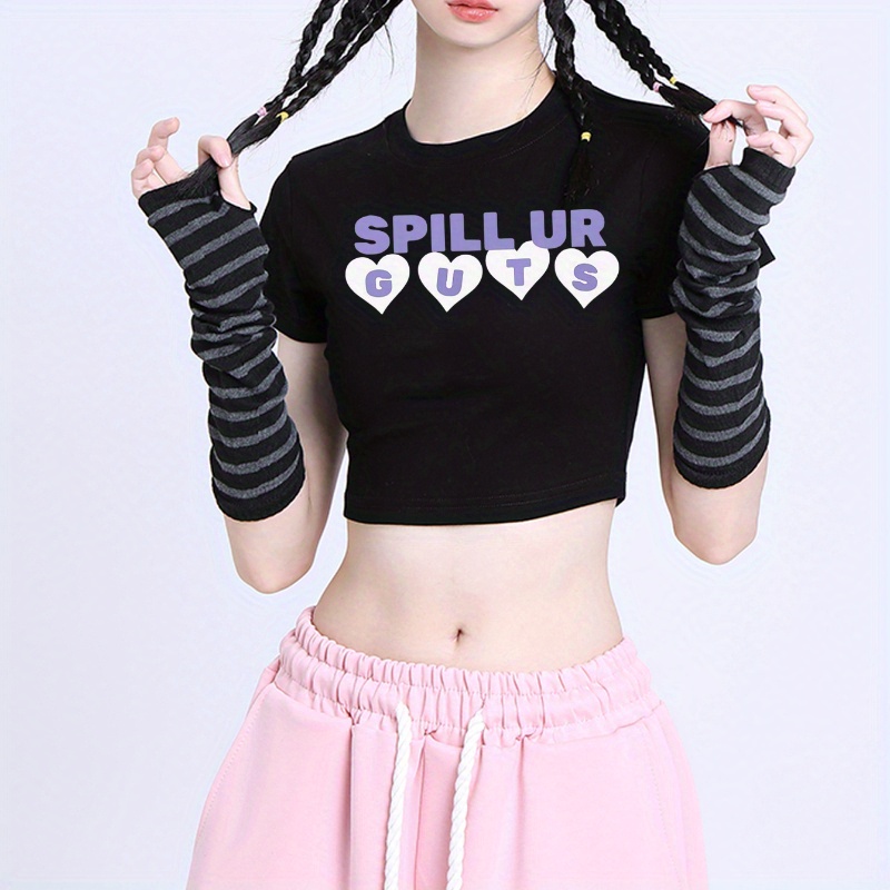 

Spill Ur Guts Print Crop T-shirt, Casual Crew Neck Short Sleeve Top For Spring & Summer, Women's Clothing