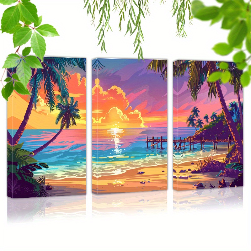 

Framed Set Of 3 Canvas Wall Art Ready To Hang A Vibrant Beach Scene At Sunset (2) Wall Art Prints Poster Wall Picrtures Decor For Home