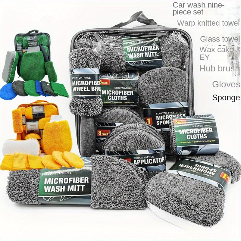 

9-piece Car Wash Set With Microfiber Cloths, Applicator Pads, And Wheel Brush - -free, Suitable For Hard Surfaces, Smooth Surfaces, And Drying Wet Surfaces