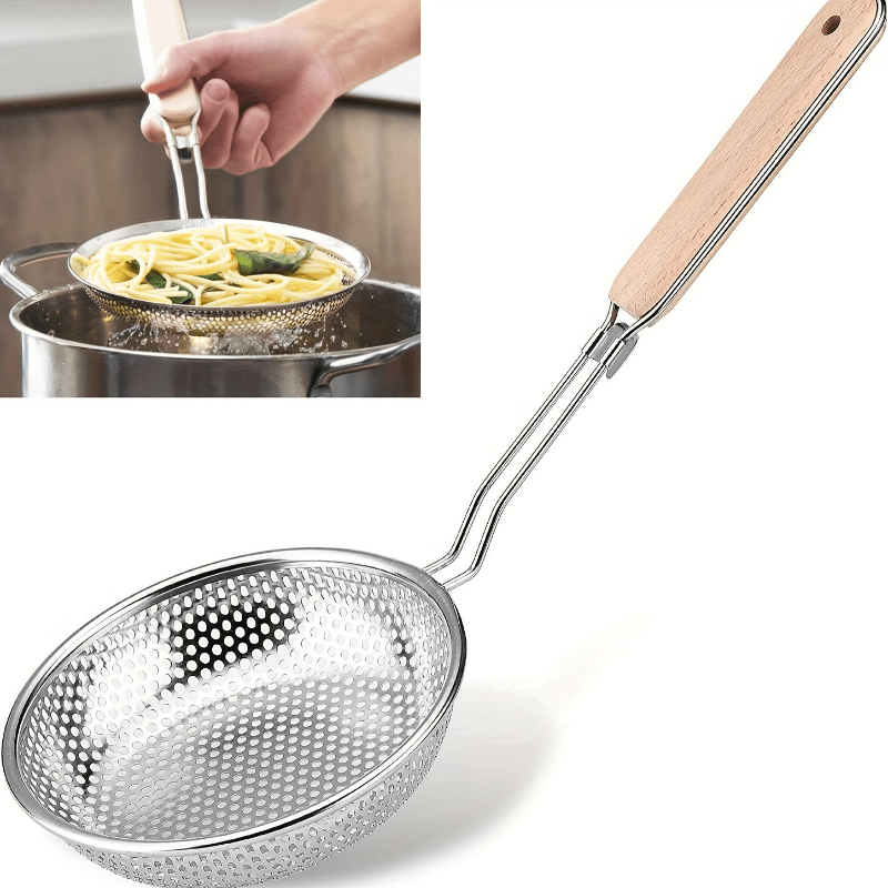 

Stainless Steel Colander With Wooden Handle - Fine Mesh Skimmer Spoon For Cooking, Food Prep & Grease Filtering - Perfect For Pasta & Noodles