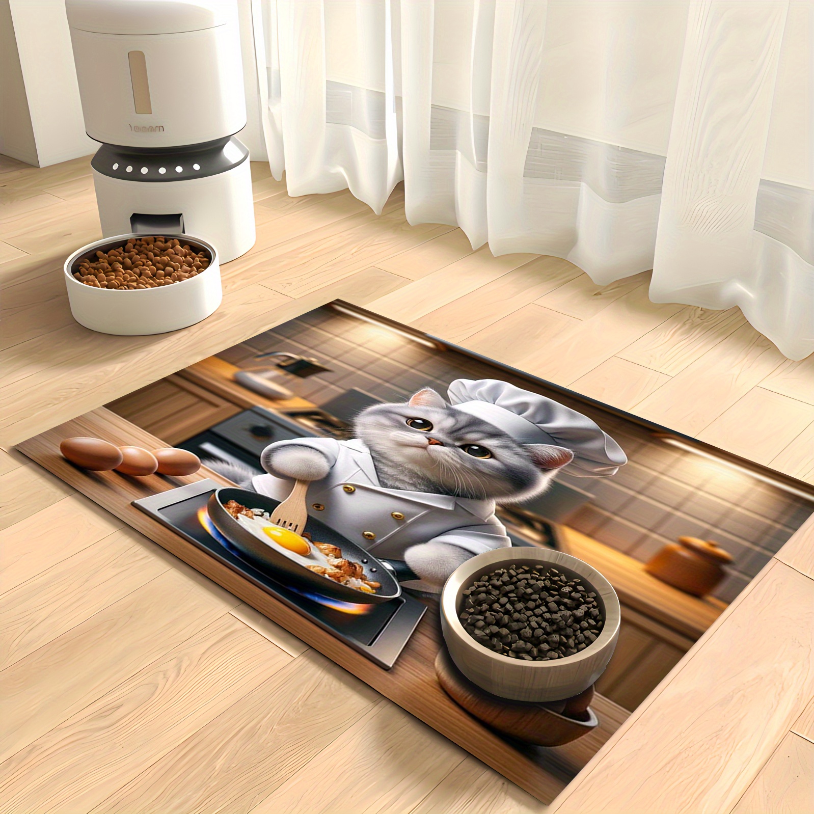 

purrfect Meal" 1pc Creative Cat Chef Print Pet Feeding Mat - Absorbent, Leak-proof, Easy Clean For Cats & Dogs