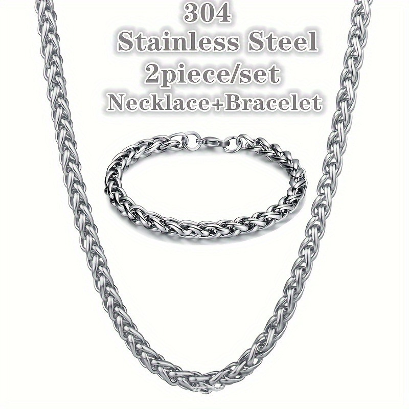 

2pcs/set, Fashion Stainless Steel Cuban Chain Necklace & Bracelet, For Men Women, Ideal Choice For Gifts