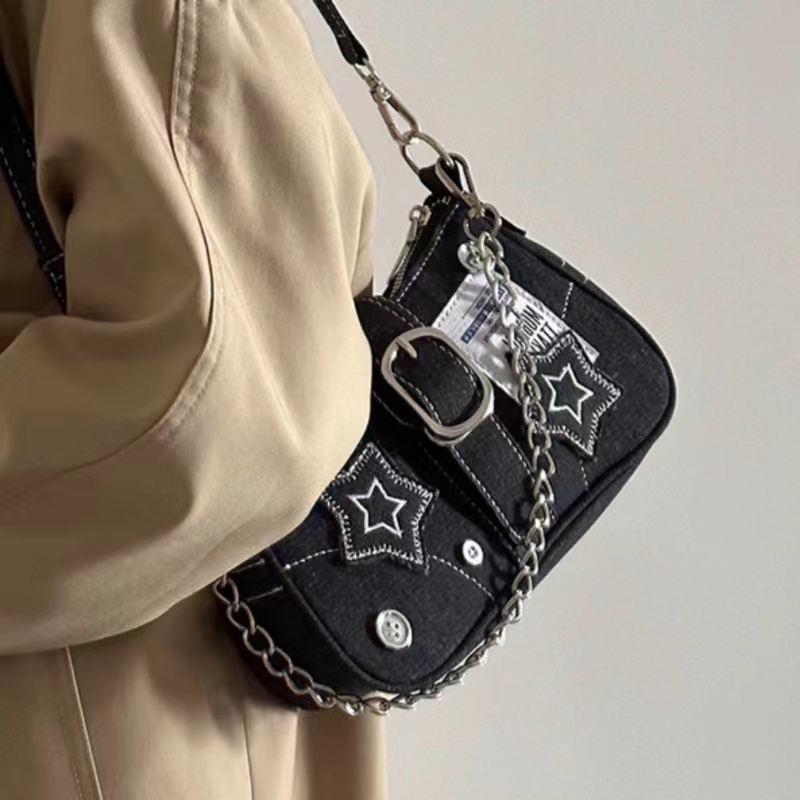 

Vintage Denim Women's Shoulder Bag, Y2k Chic Underarm Purse, Button Detail Chain Crescent Handbag