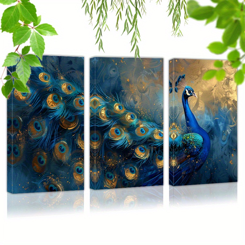 

Framed Set Of 3 Canvas Wall Art Ready To Hang Beautiful Peacock Feathers (1) Wall Art Prints Poster Wall Picrtures Decor For Home