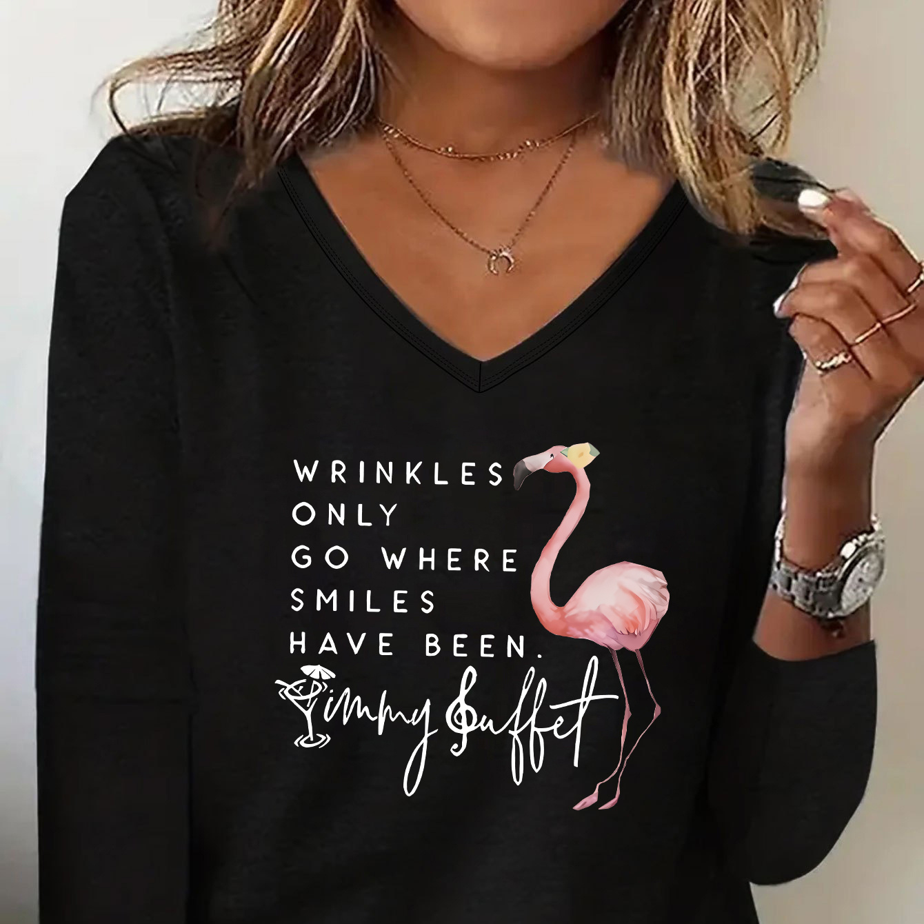 

Flamingo & Slogan Print Lounge Tops, Long Sleeve Loose Fit Stretchy Top, Women's Loungewear For Fall