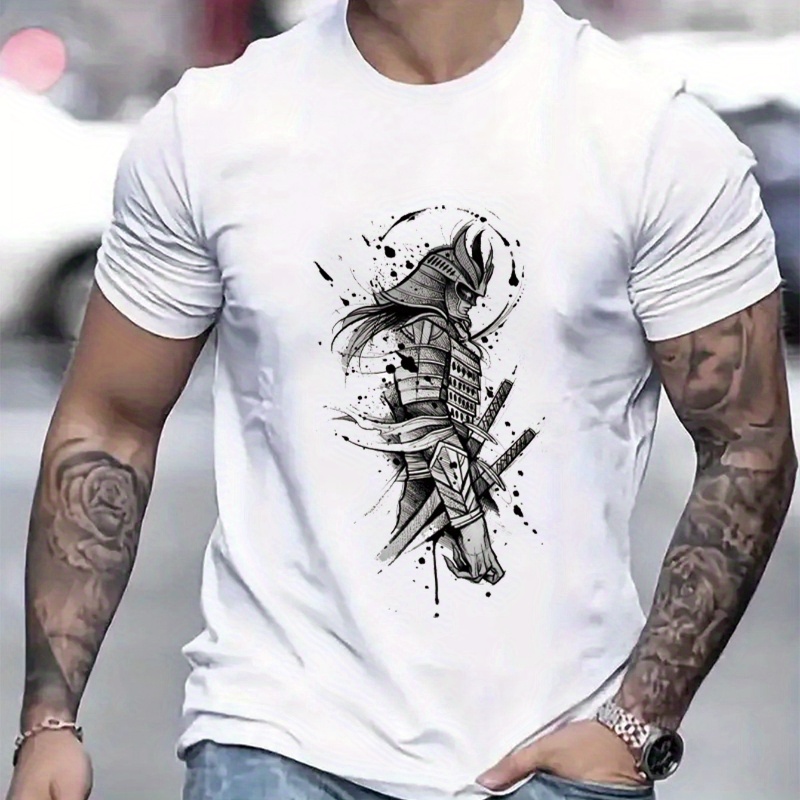 

Samurai Print Men's Short Sleeve T-shirts, Comfy Casual Elastic Crew Neck Tops For Men's Outdoor Activities