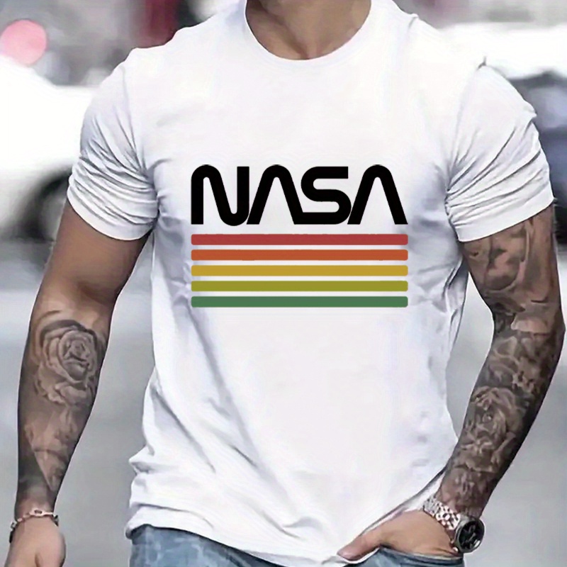 

Nasa Print Men's Short Sleeve T-shirts, Comfy Casual Elastic Crew Neck Tops For Men's Outdoor Activities