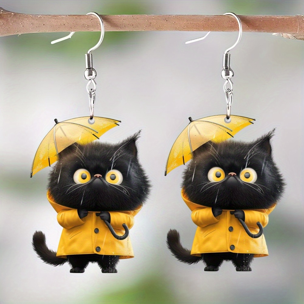 

Acrylic Umbrella Cat Drop Earrings - 1 Pair Quirky Cat Lovers' Jewelry, Unique Yellow Cartoon Cat With Umbrella Design, Charming Lightweight Dangle Earrings For Women, Cute Fashion Accessory Gift