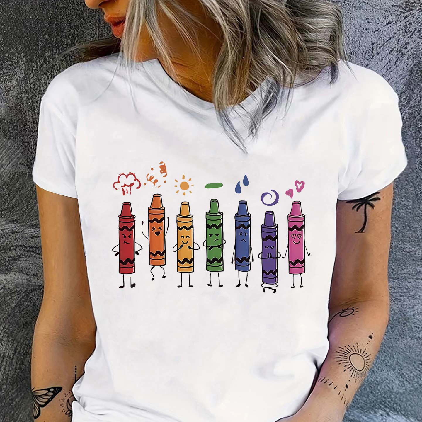 

Crayon Print Crew Neck T-shirt, Casual Short Sleeve T-shirt For Spring & Summer, Women's Clothing