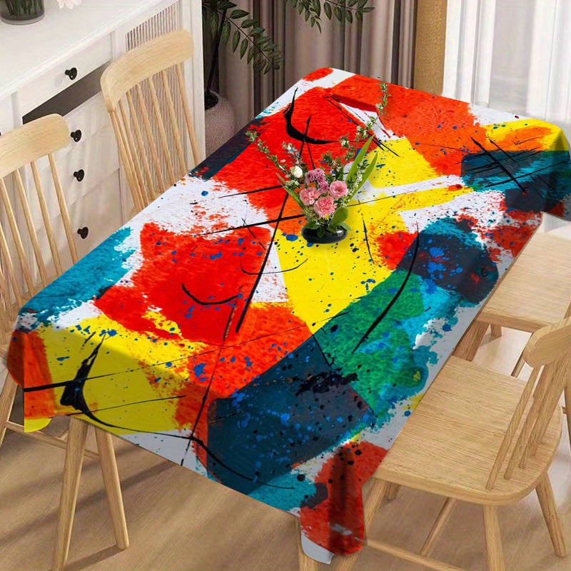 

Rectangle Polyester Tablecloth - Colorful Paint Print, Machine Woven, Oil & Waterproof, Heat Resistant, Dirt Repellent, Multi-occasion Table Cover For Dining, Party, Tea, And Desk