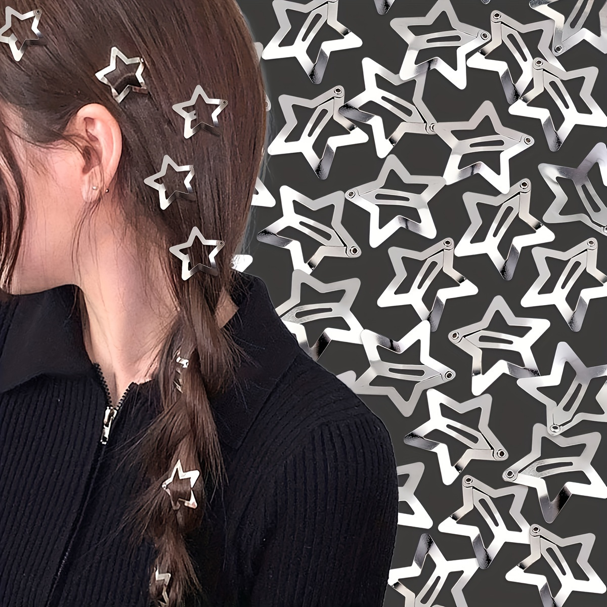 

Y2k-inspired Silvery Star Hairpin Clips Set - Sparkly Metal Bangs & Side Clips For Women And Girls, 5/10/20/50pcs